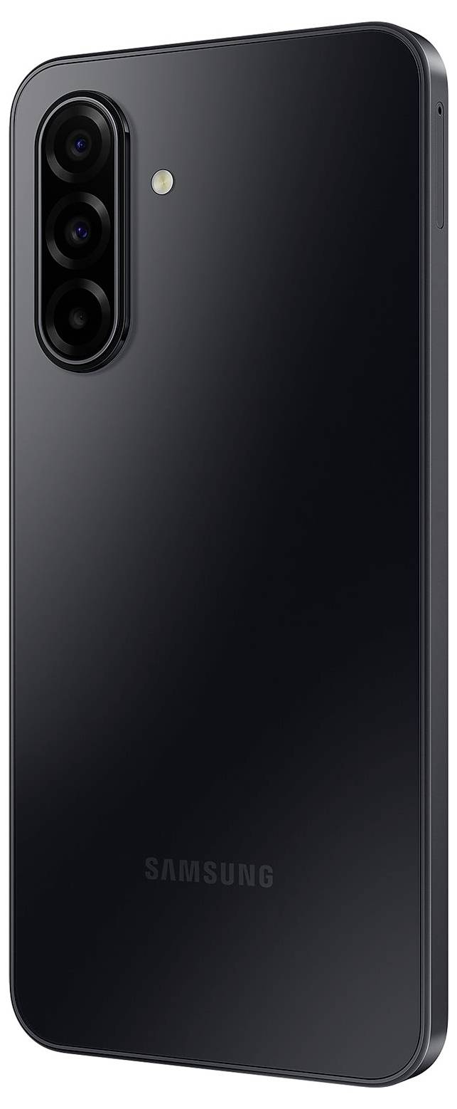 Ein schlankes schwarzes Smartphone mit drei Rückkameras und einem Blitz, der sich oben links befindet und ein modernes Design präsentiert.