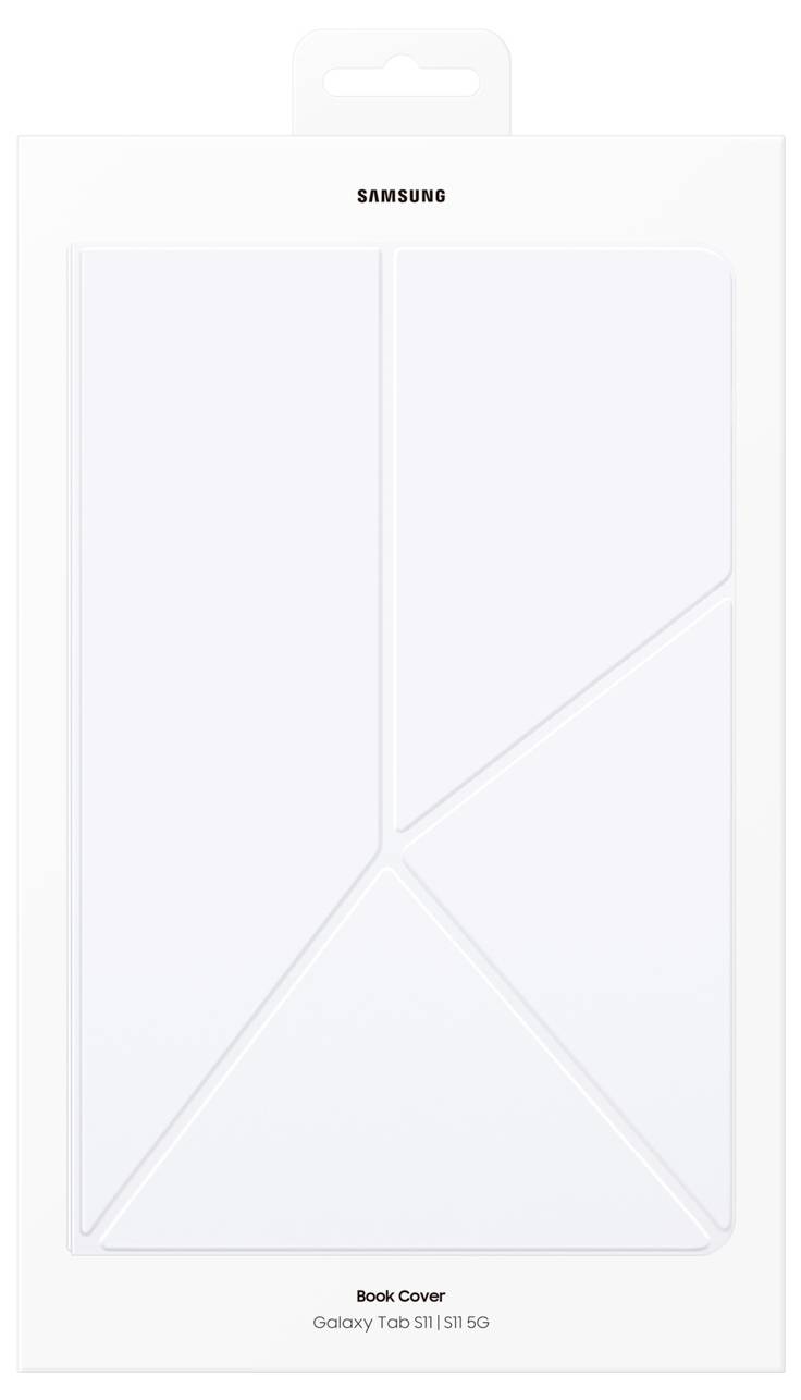 Weißes Samsung Buchumschlag für Galaxy Tab S11 | S11 5G, in seiner Verpackung mit geometrischem Design auf der Vorderseite dargestellt.