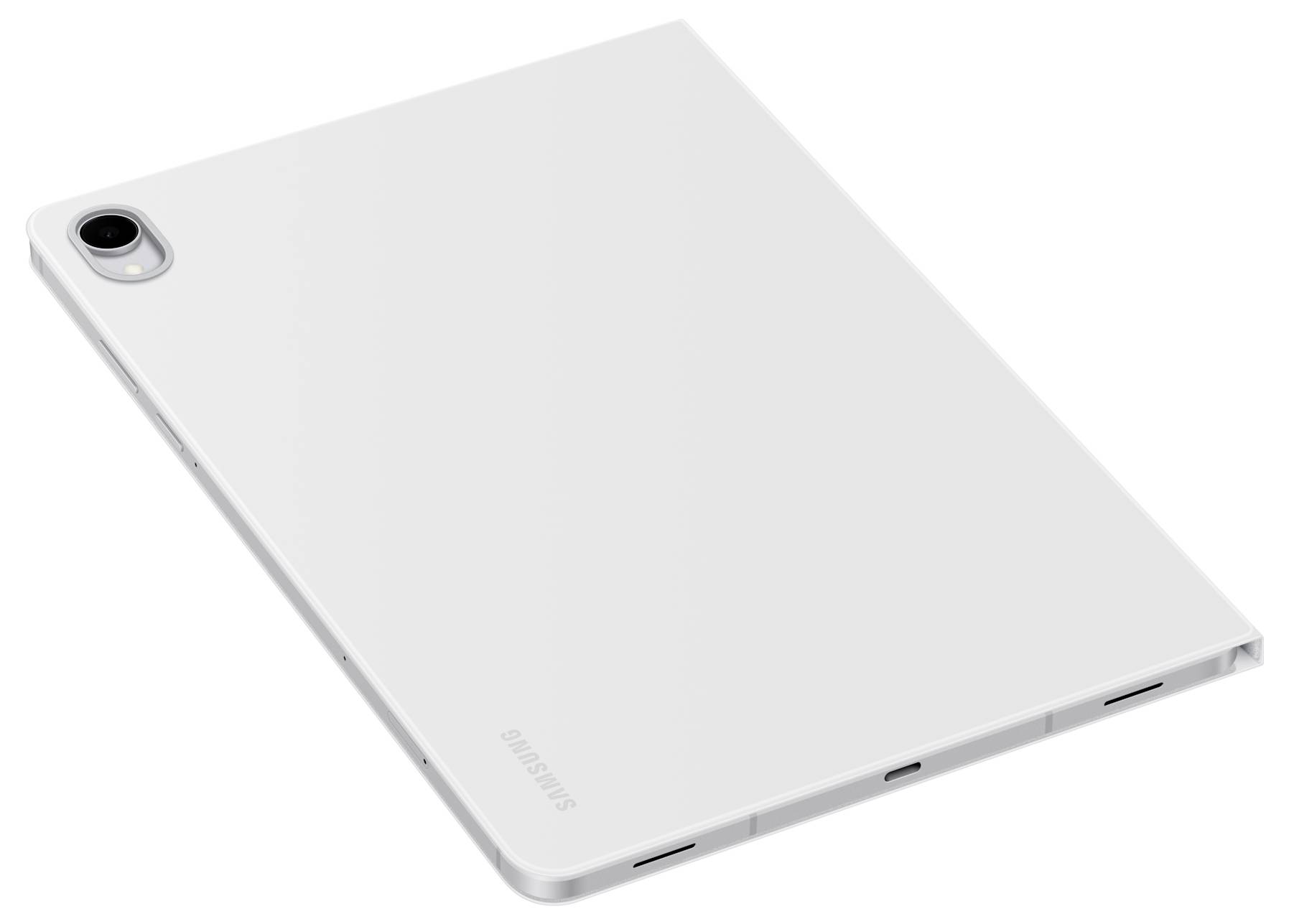 Eine weiße Tablette mit einer Kamera auf der Rückseite, auf der "SAMSUNG" eingeprägt ist.