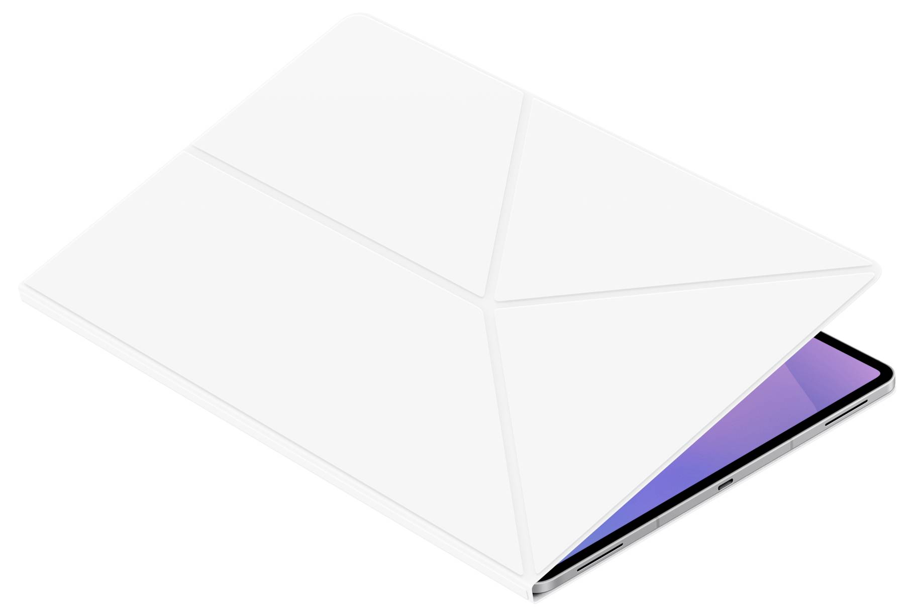 Eine Tablette mit einem teilweise geöffneten weißen Dreiecksdeckel, der einen beleuchteten Bildschirm mit einem Farbverlauf von Lila nach Blau offenbart.