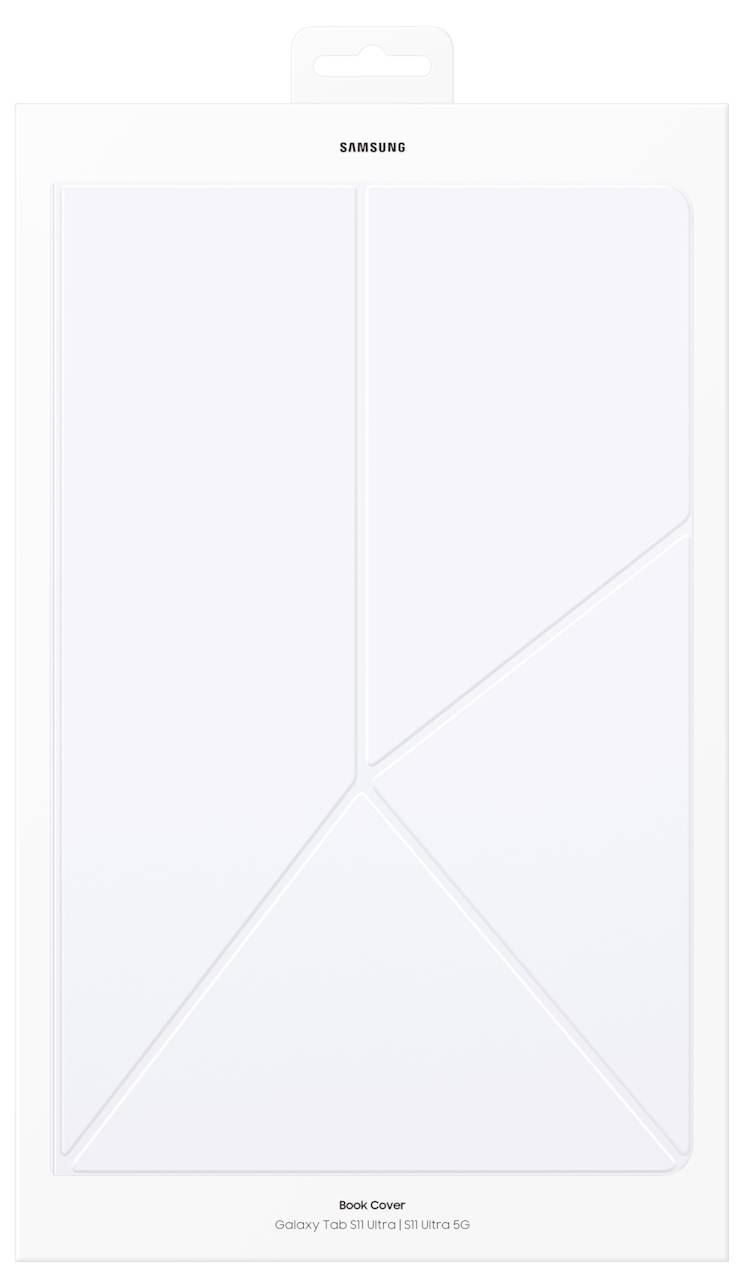 Eine weiße Samsung Book Cover für Galaxy Tab S9 Ultra/Tab S8 Ultra in Originalverpackung, die das Faltdesign des Covers präsentiert.