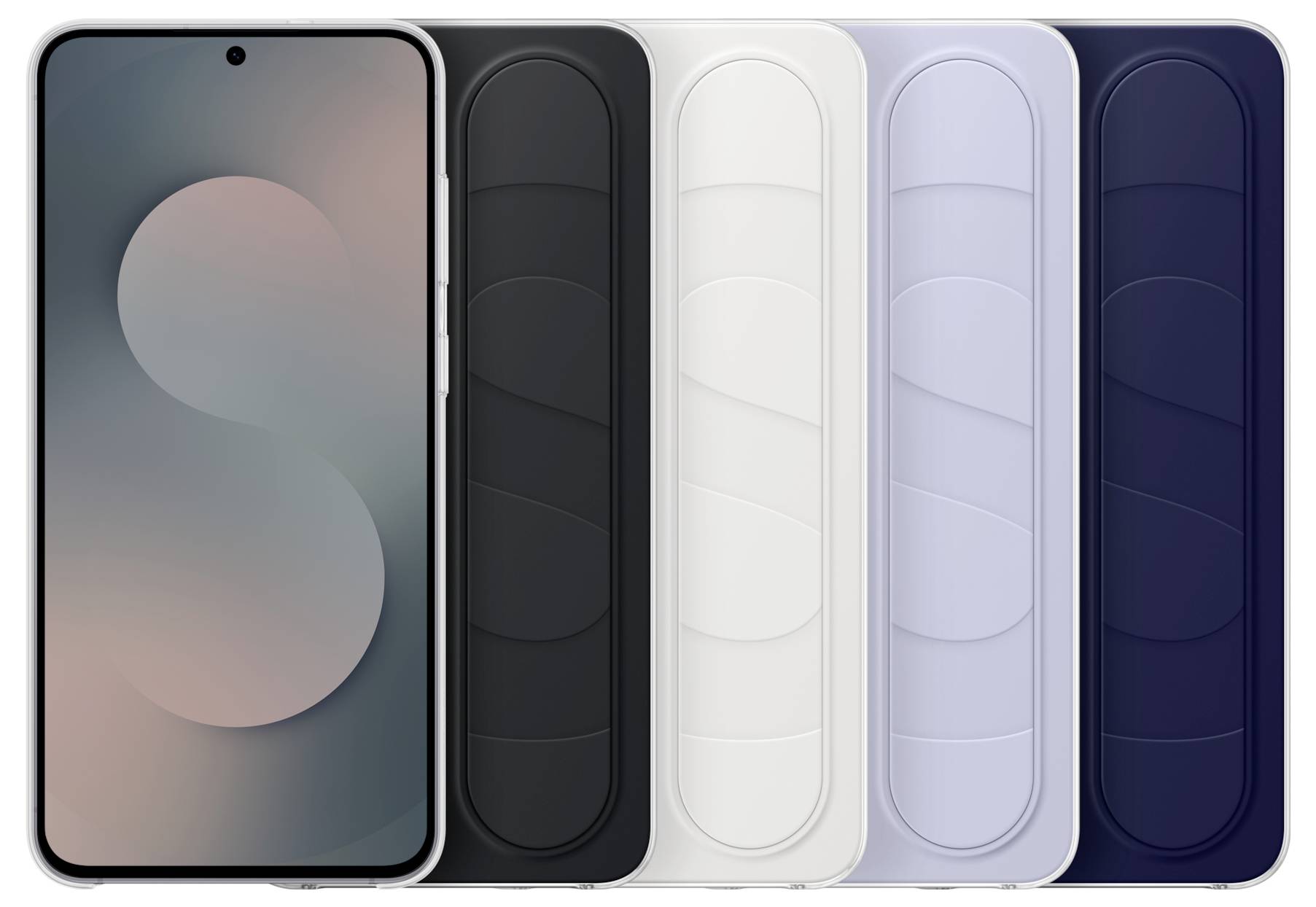 Eine Reihe von fünf Smartphones in verschiedenen Farben: schwarz, weiß, hellblau, navy und grau. Der Frontbildschirm zeigt ein minimalistisches Design.