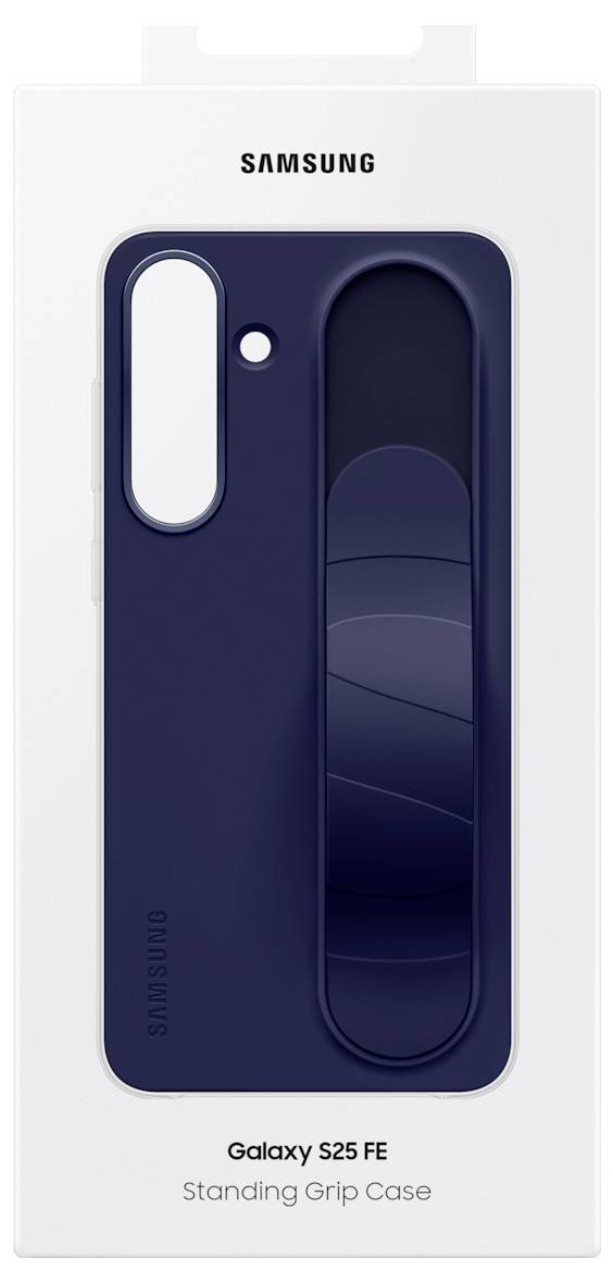 Navy-blaue Samsung Galaxy S25 FE Hülle mit Standfunktion, in Originalverpackung gezeigt.