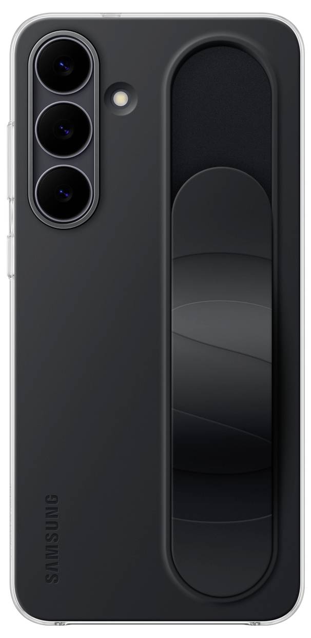 Ein schwarzes Smartphone mit drei Rückkameras und einem einzigartigen Griffzubehör auf der Rückseite, vor einem weißen Hintergrund.