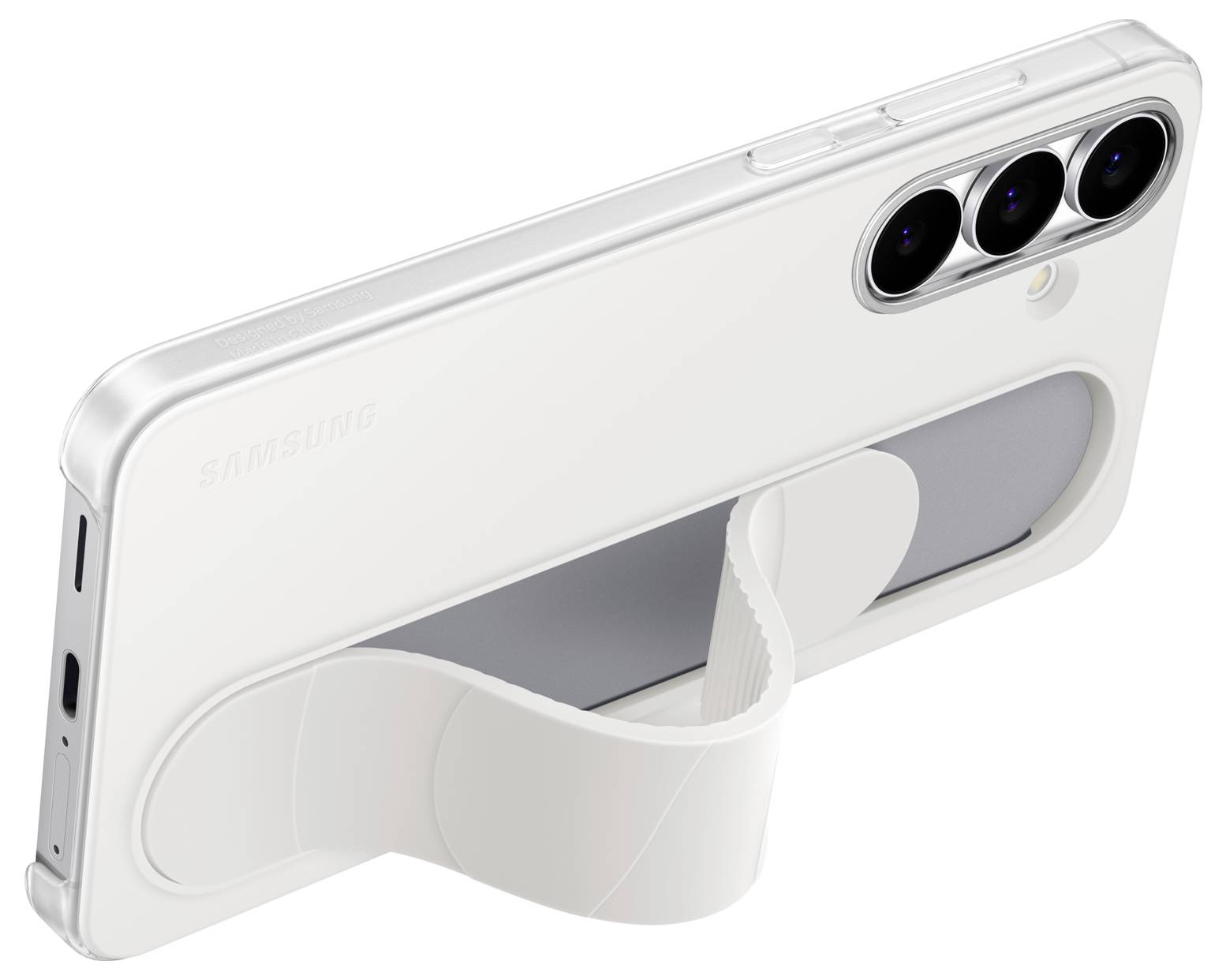 Ein weißes Samsung Galaxy Smartphone mit einem faltbaren Ständer auf der Rückseite, aufrecht positioniert, das drei Rückkameras und Anschlüsse an der Seite präsentiert.