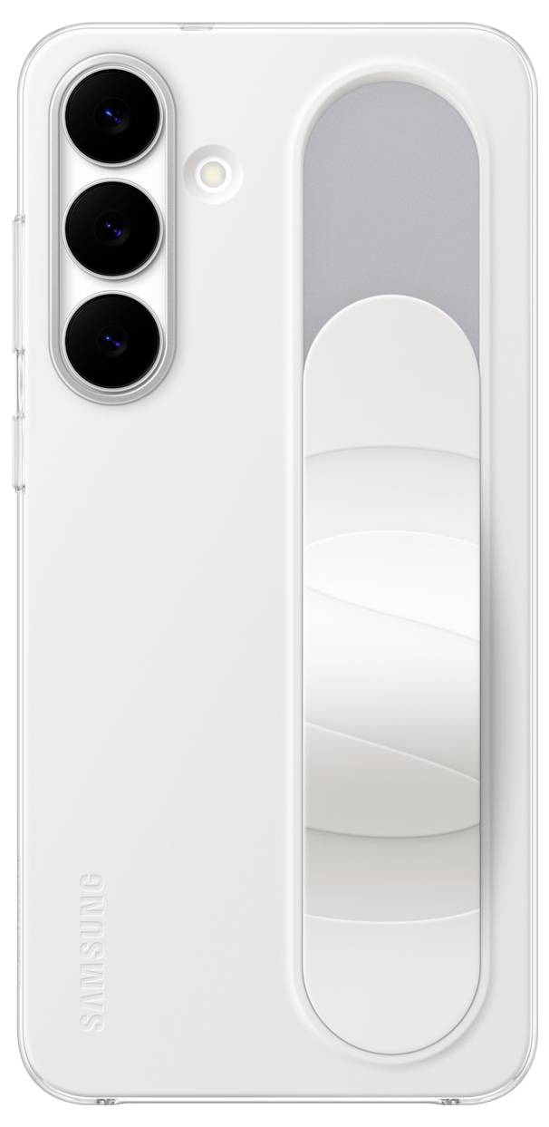 Ein weißes Smartphone mit drei Rückkameras und einem reflektierenden Armbandesign.