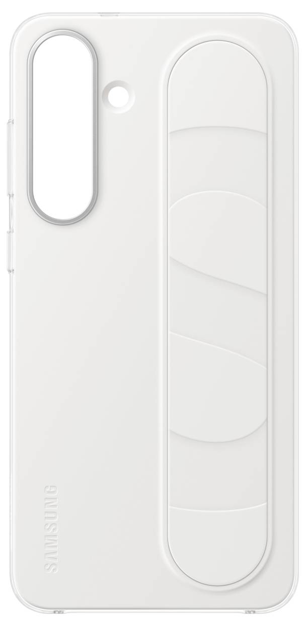 Weiße Samsung-Handyhülle mit vertikaler Griffgestaltung und ovaler Kameraaussparung. Einfaches und elegantes Erscheinungsbild.