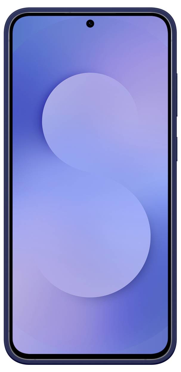 Ein Smartphone mit einem blauen und lila Farbverlaufsdisplay, das ein dezentes S-förmiges Design auf dem Bildschirm zeigt, von vorne betrachtet.