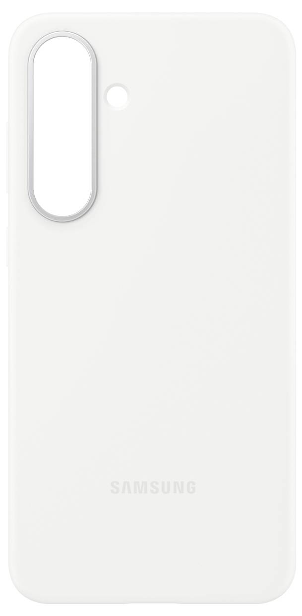 Eine weiße Samsung-Handyhülle mit Aussparung für Kamera und Blitz, die ein minimalistisches, schlankes Design zeigt.