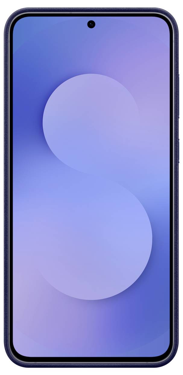 Ein Smartphone mit elegantem Design, das ein großes Display mit minimalen Rahmen aufweist, von vorne vor einem Verlaufshintergrund in Blau gezeigt.
