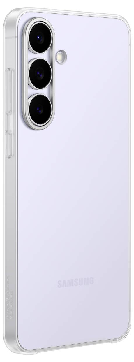 Ein schlankes Samsung-Smartphone in Weiß, das die Rückansicht mit drei vertikal ausgerichteten Kameraobjektiven und einem Blitz auf einem hellen Hintergrund zeigt.