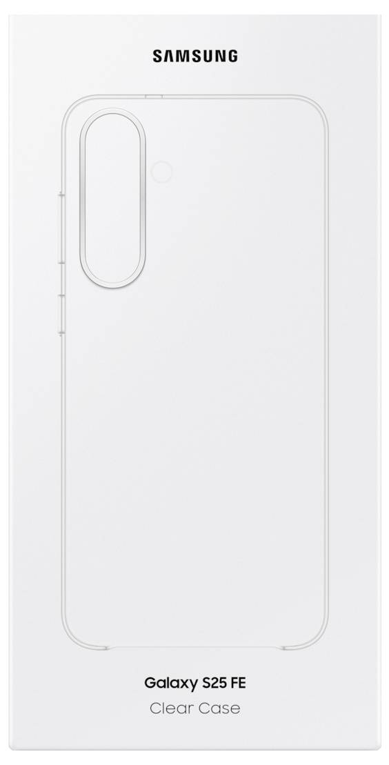 Verpackung für Galaxy S25 FE Clear Case mit einer einfachen Umrissskizze des Handyhüllen-Designs auf der Vorderseite.
