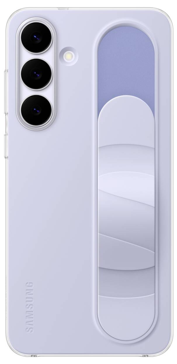 Ein hellviolettes Smartphone mit drei Rückkameras, einer LED-Blitzeinheit und einem markanten vertikalen Balkendesign auf der Rückseite.