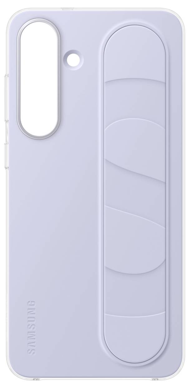 Eine hellviolette Samsung-Handyhülle mit vertikaler Griffgestaltung und einer Aussparung für Kameras und Blitz.