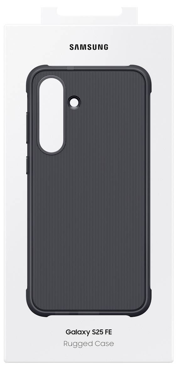 Das Bild zeigt die Verpackung für ein "Samsung Galaxy S25 FE Rugged Case" mit einem schwarzen strukturierten Gehäusedesign.