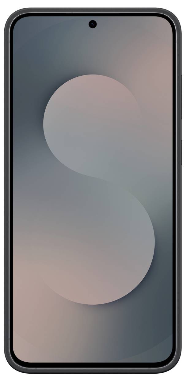 Smartphone mit einem großen Bildschirm, der ein abstraktes Design in sanften rosa und grauen Tönen zeigt, mit einer Frontkamera in der Mitte oben.