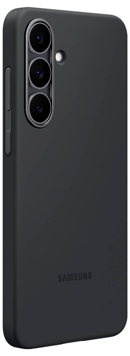 Ein schwarzes Samsung-Smartphone mit drei Rückkameras und einem kleinen Blitz, von hinten betrachtet.