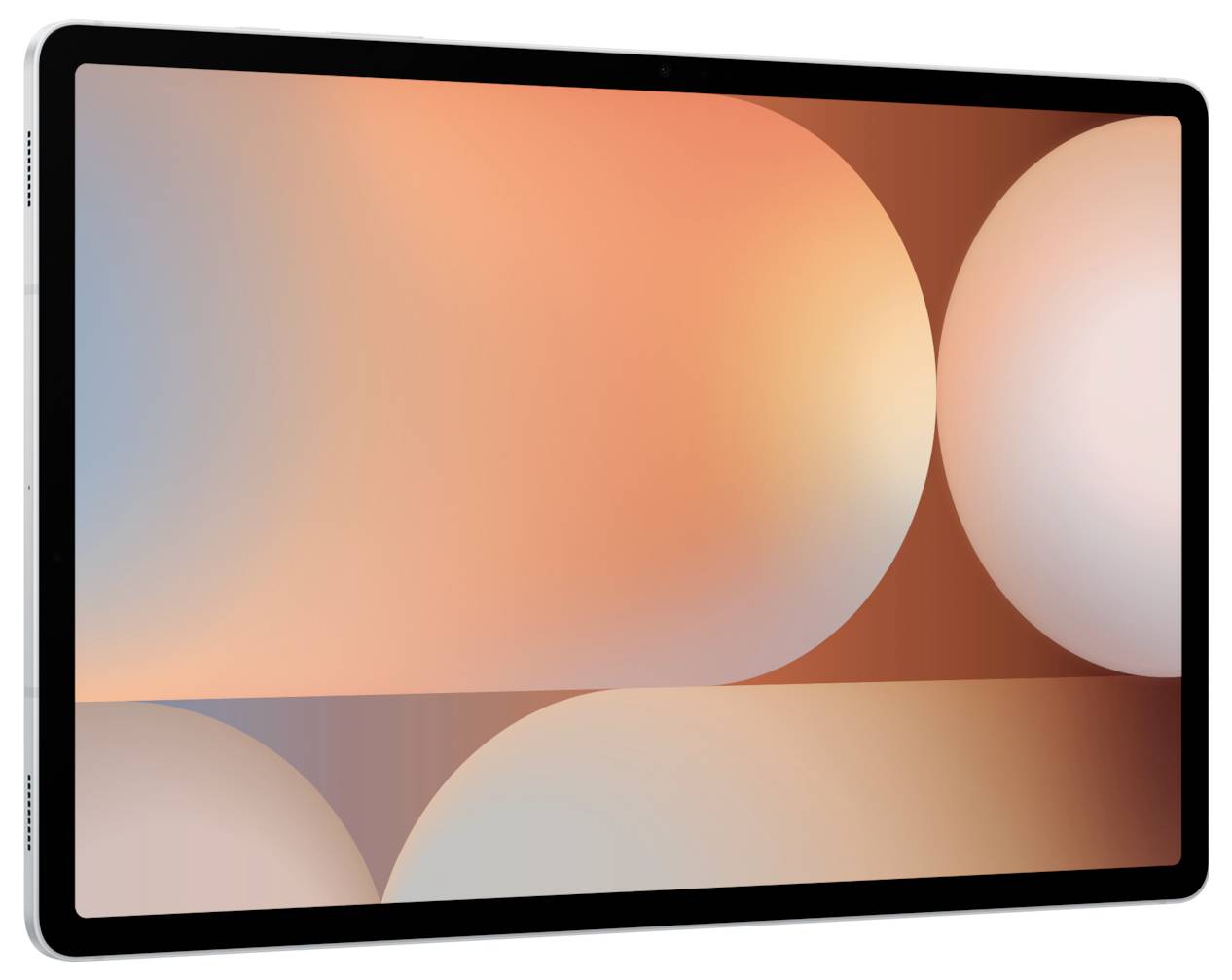 Ein digitales Tablet, das ein abstraktes Design mit sich überlappenden Kugeln in Schattierungen von Orange, Rosa und Braun zeigt.