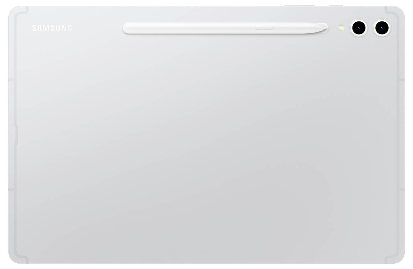 Ein silbernes Samsung-Tablet mit zwei Kameras auf der Rückseite, mit einem weißen Eingabestift, der oben in der Mitte angebracht ist.