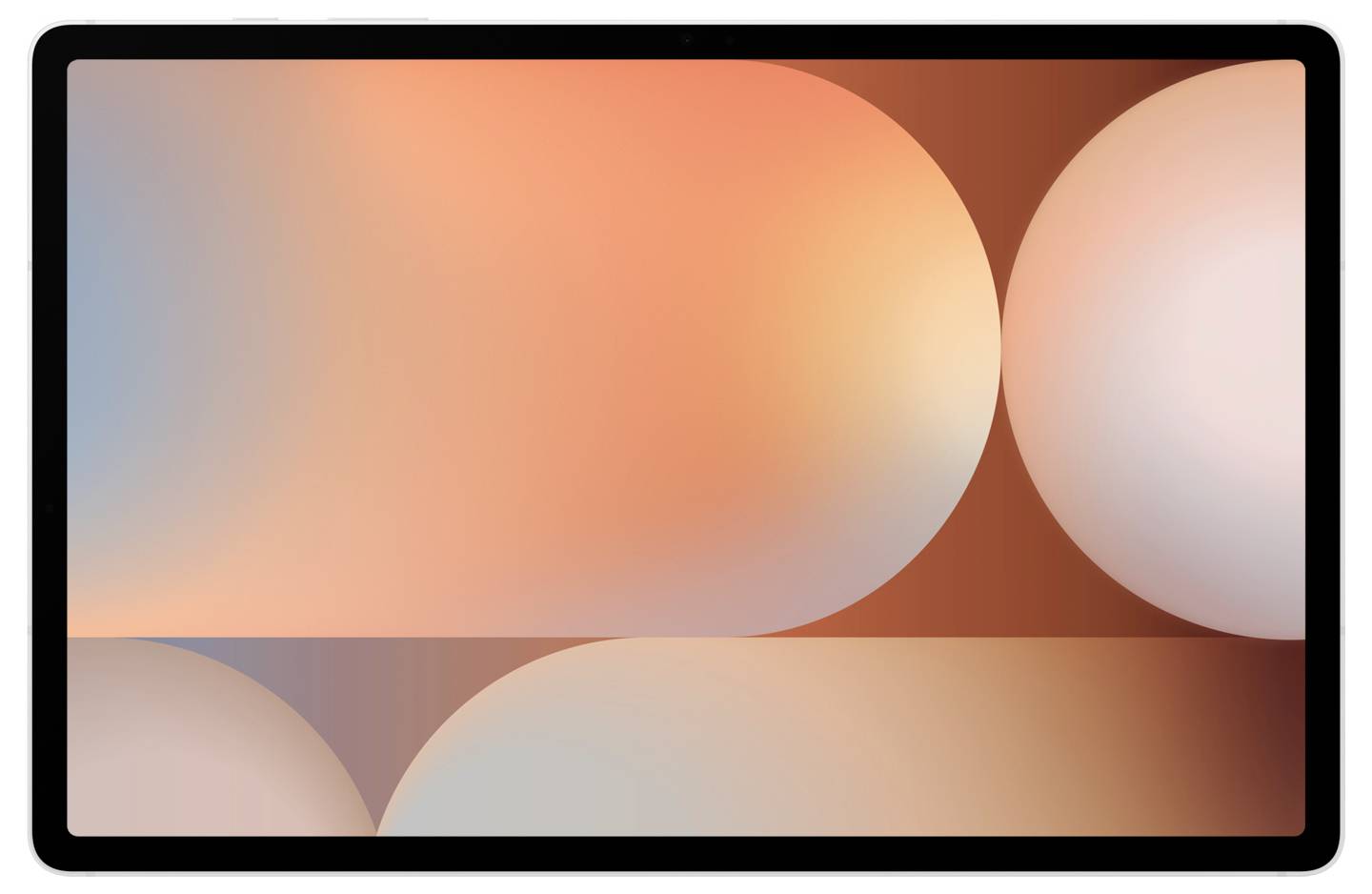 Ein Tablet-Bildschirm, der eine abstrakte Tapete mit überlappenden Kreisen in warmen Tönen von Orange, Pfirsich und Creme zeigt.