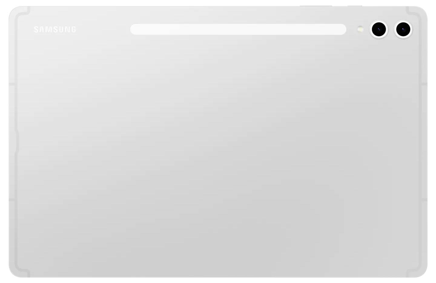 Eine weiße Tablette, von hinten betrachtet, mit zwei Kameralinsen in der oberen rechten Ecke und einer horizontalen Nut nahe der oberen Kante.