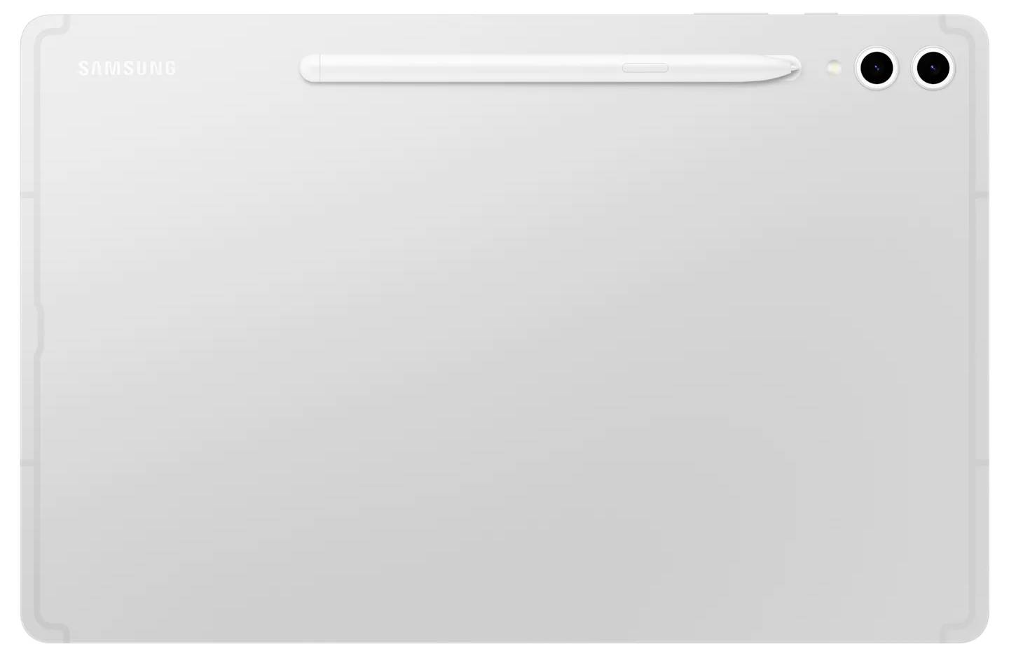 Das Bild zeigt die Rückseite eines weißen Samsung-Tablets mit einem Stylus, der horizontal nahe der Oberseite liegt, und zwei Kameras in der oberen rechten Ecke.