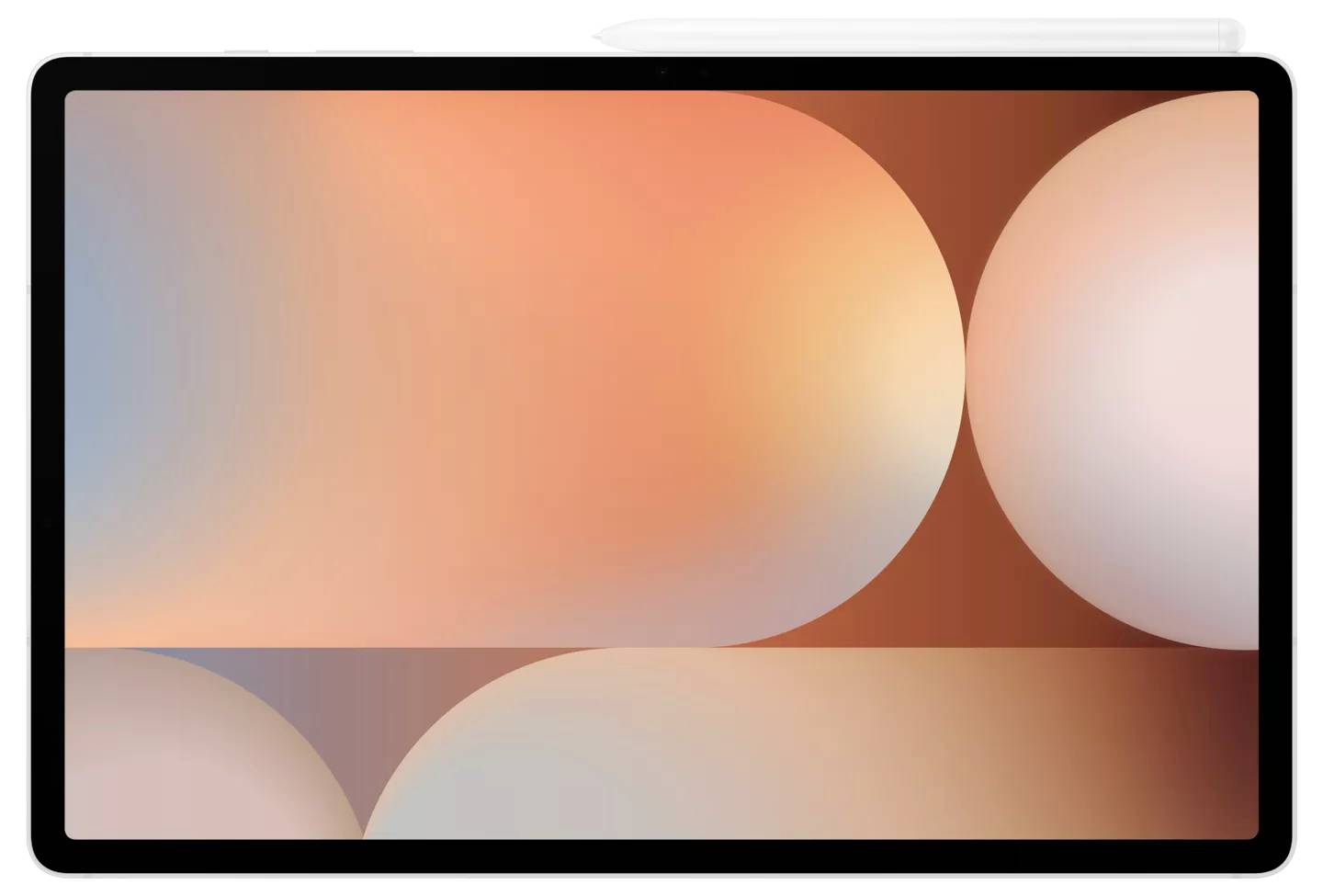 Ein Tablet mit einem digitalen Stift darauf, das ein abstraktes geometrisches Hintergrundbild mit orange und rosa Verläufen und kreisförmigen Formen anzeigt.