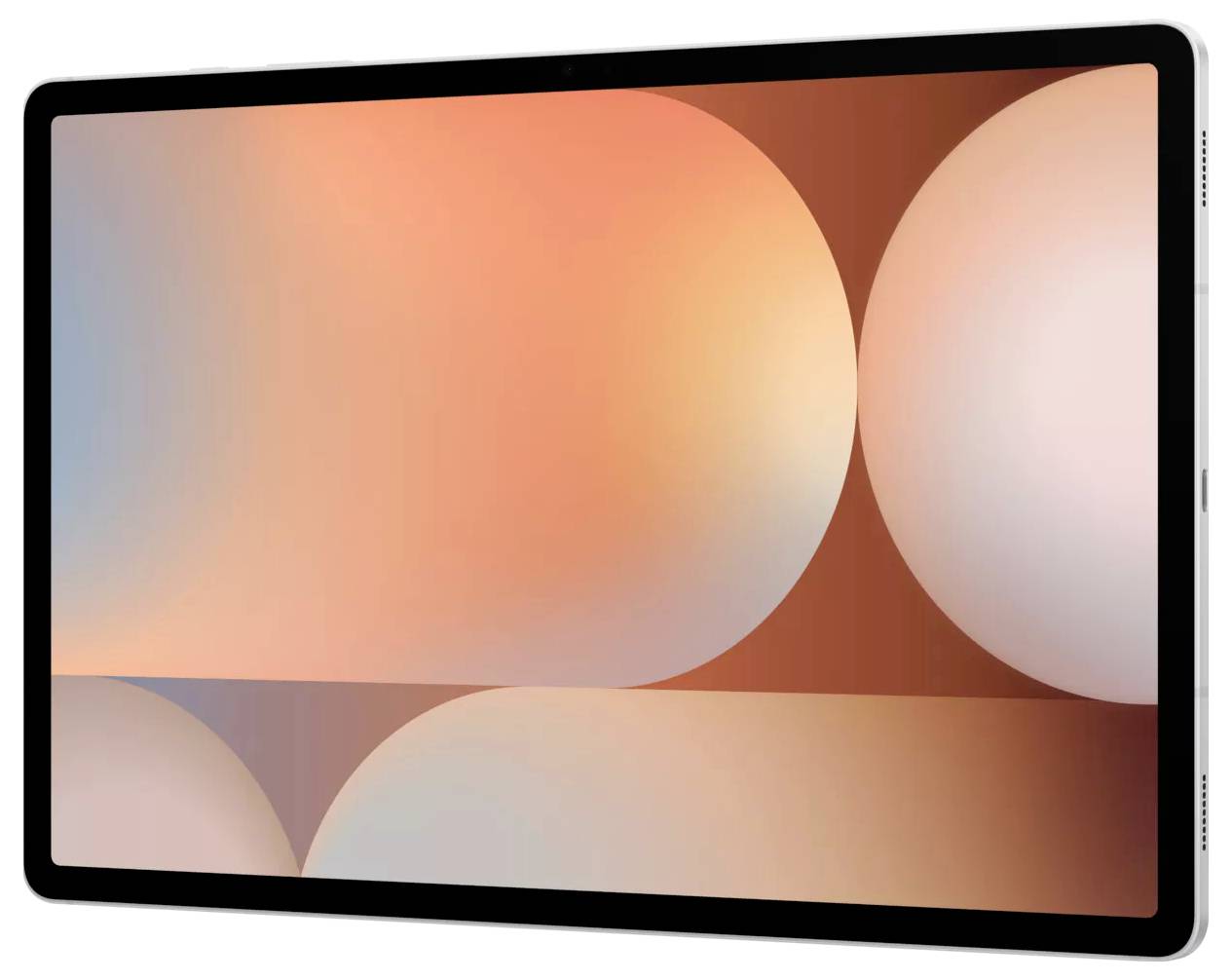 Eine Tablette, die einen abstrakten digitalen Hintergrund mit überlappenden kreisförmigen Formen in warmen Tönen von Orange und Rosa zeigt.