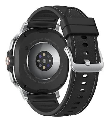 Smartwatch Rückansicht mit Sensorarray und schwarzem Lederarmband mit silberner Schnalle.