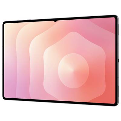 Ein Tablet mit einem großen Display, das ein rosa Verlaufsdesign mit geschichteten, weichen kreisförmigen Mustern zeigt, aus einem leicht geneigten Blickwinkel betrachtet.