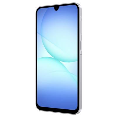 Ein silbernes Smartphone, das ein blaues abstraktes Design auf dem Bildschirm zeigt.