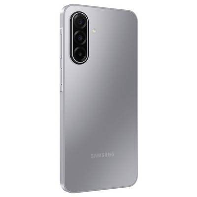 Silbernes Smartphone mit dreifacher Rückkamera und einem Logo auf der Rückseite; schlankes Design mit minimalistischen Merkmalen.
