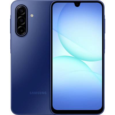 Ein blaues Smartphone mit einer Dreifach-Objektiv-Kamera auf der Rückseite und einem Bildschirm, der blaue abstrakte Grafiken zeigt, präsentiert sein elegantes Design.
