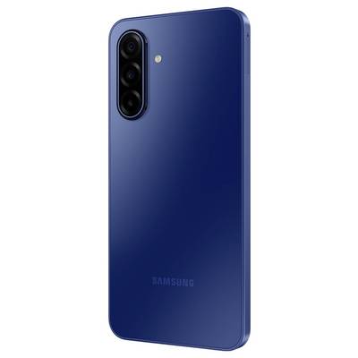 Blaues Samsung Smartphone, Rückansicht, mit dreifacher Kameraanordnung und Blitz.