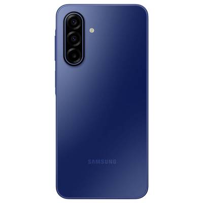 Ein blaues Smartphone mit dreifacher Rückkamera, einem LED-Blitz und dem Samsung-Logo in der Nähe des unteren Randes.