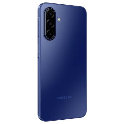 Ein blaues Smartphone mit einer dreifachen Kameraanordnung auf der Rückseite, vertikal angeordnet.