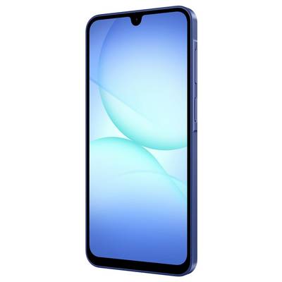 Ein schlankes Smartphone mit einem blauen Verlaufsbildschirm, dünnen Rändern und einer Frontkamera-Notch, von einer schrägen Perspektive aus betrachtet.