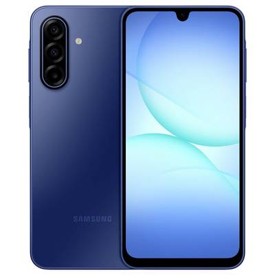 Ein blaues Smartphone mit einer Dreifach-Kamera auf der Rückseite und einem Frontdisplay, das einen blauen abstrakten Hintergrund zeigt.