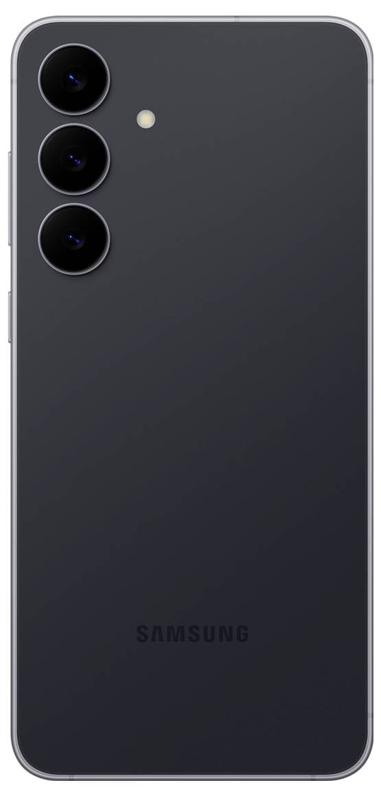 Ein schlankes schwarzes Smartphone mit dreifacher Rückkamera und Blitz, mit dem Samsung-Logo versehen.