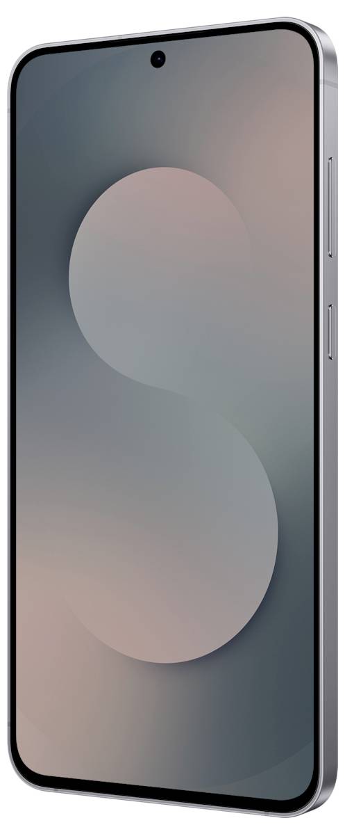 Ein schlankes Smartphone mit einem dünnen Rahmen und abgerundeten Ecken, das einen Bildschirm mit einem verschwommenen Verlauf und einer subtilen 'S'-Form in der Mitte zeigt.