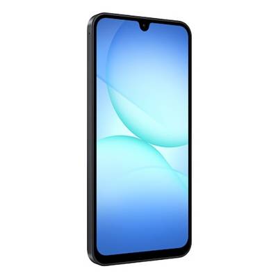 Ein Smartphone mit einem schlanken Design und einem großen, hellen Bildschirm, auf dem blaue abstrakte Formen dargestellt werden.