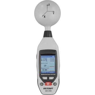 Feldstärkemessgerät für elektrische Felder mit kugelförmigem Sensor, das Messwerte für die Achsen „X", „Y" und „Z" auf dem digitalen Bildschirm anzeigt.