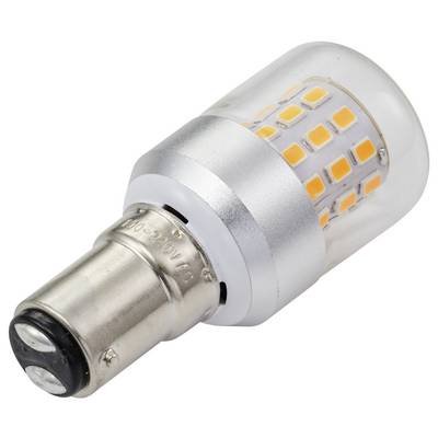 Eine Nahaufnahme einer LED-Glühbirne mit einer metallischen Basis und mehreren kleinen orangefarbenen Dioden in einem transparenten Gehäuse.