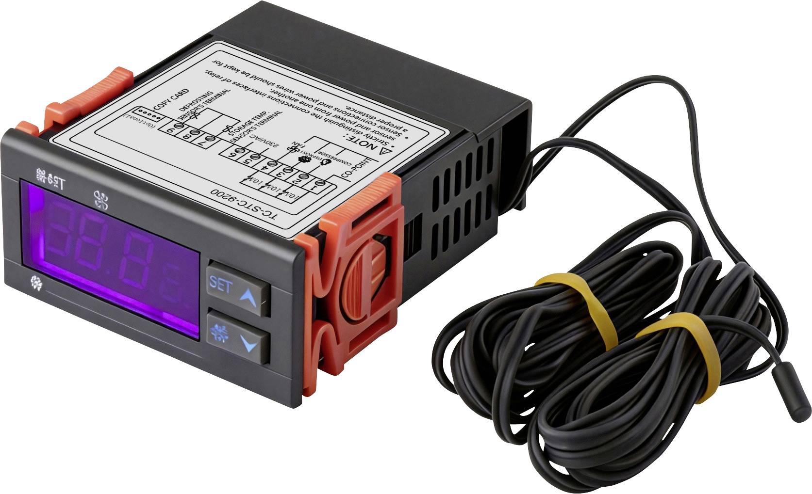 Digitaler Temperaturregler mit LED-Display, zeigt „88.8" an, zwei Tasten und zugehörige Sensorkabel, verwendet zur Temperatureüberwachung.