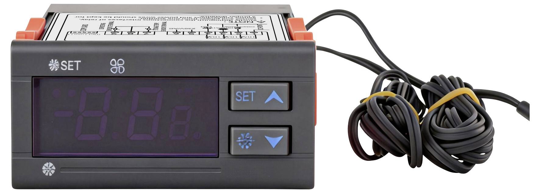 Ein digitaler Temperaturregler mit den Tasten „SET" und Pfeiltasten auf der Vorderseite und einem aufgerollten Sensorkabel auf der Seite.