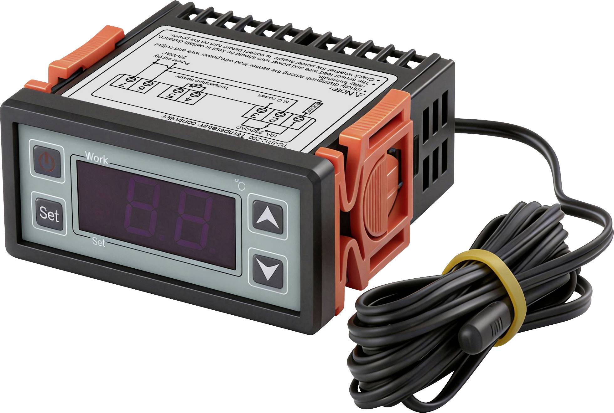 Ein digitaler Temperaturregler mit einem Display, das „88" anzeigt, ausgestattet mit Steuertasten und einem angebrachten gewundenen Sensorkabel.