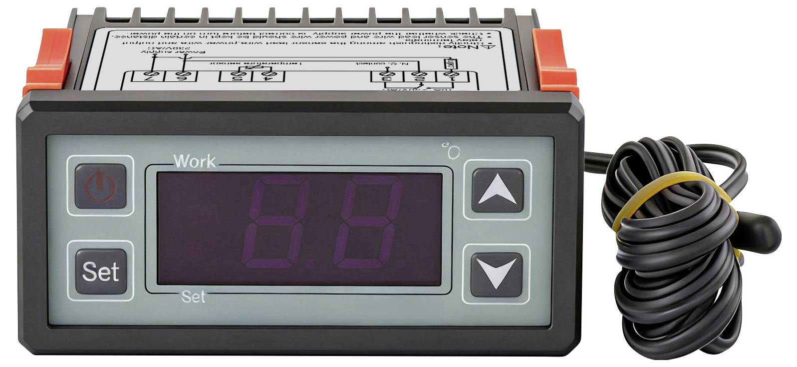 Ein digitaler Temperaturregler mit einem Display, das „88°C" anzeigt, zwei Pfeiltasten und einem aufgewickelten Sensorkabel, das auf der rechten Seite angebracht ist.