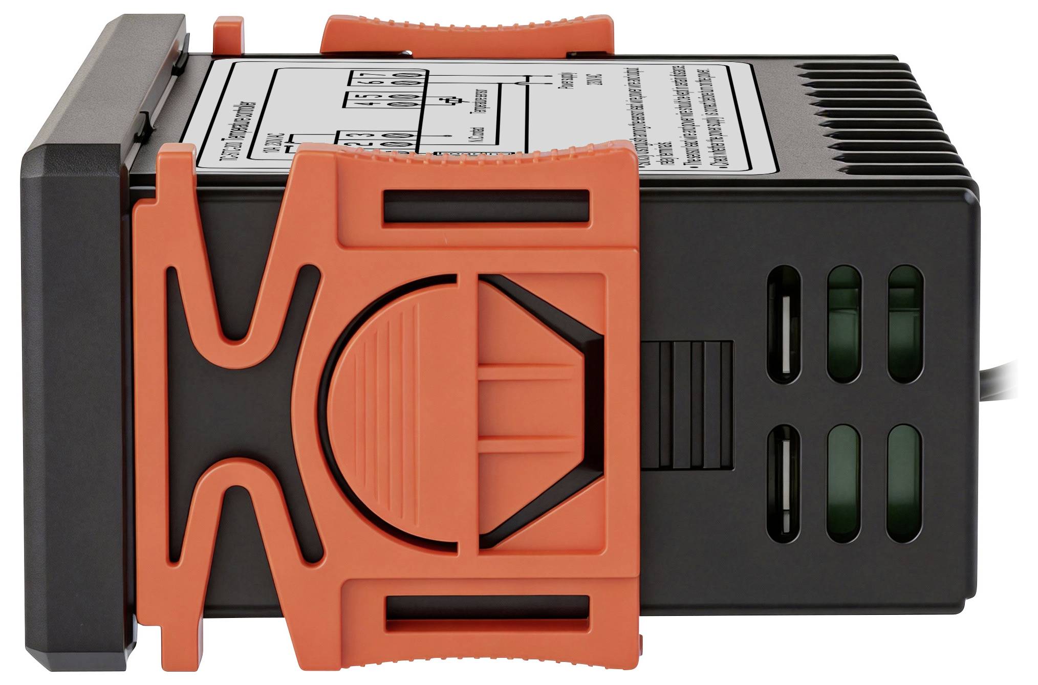 Digitales Heiz- oder Kühlungsthermostat mit orangem und schwarzem Gehäuse, Display zur Temperatureinstellung und seitliche Befestigungsclips.