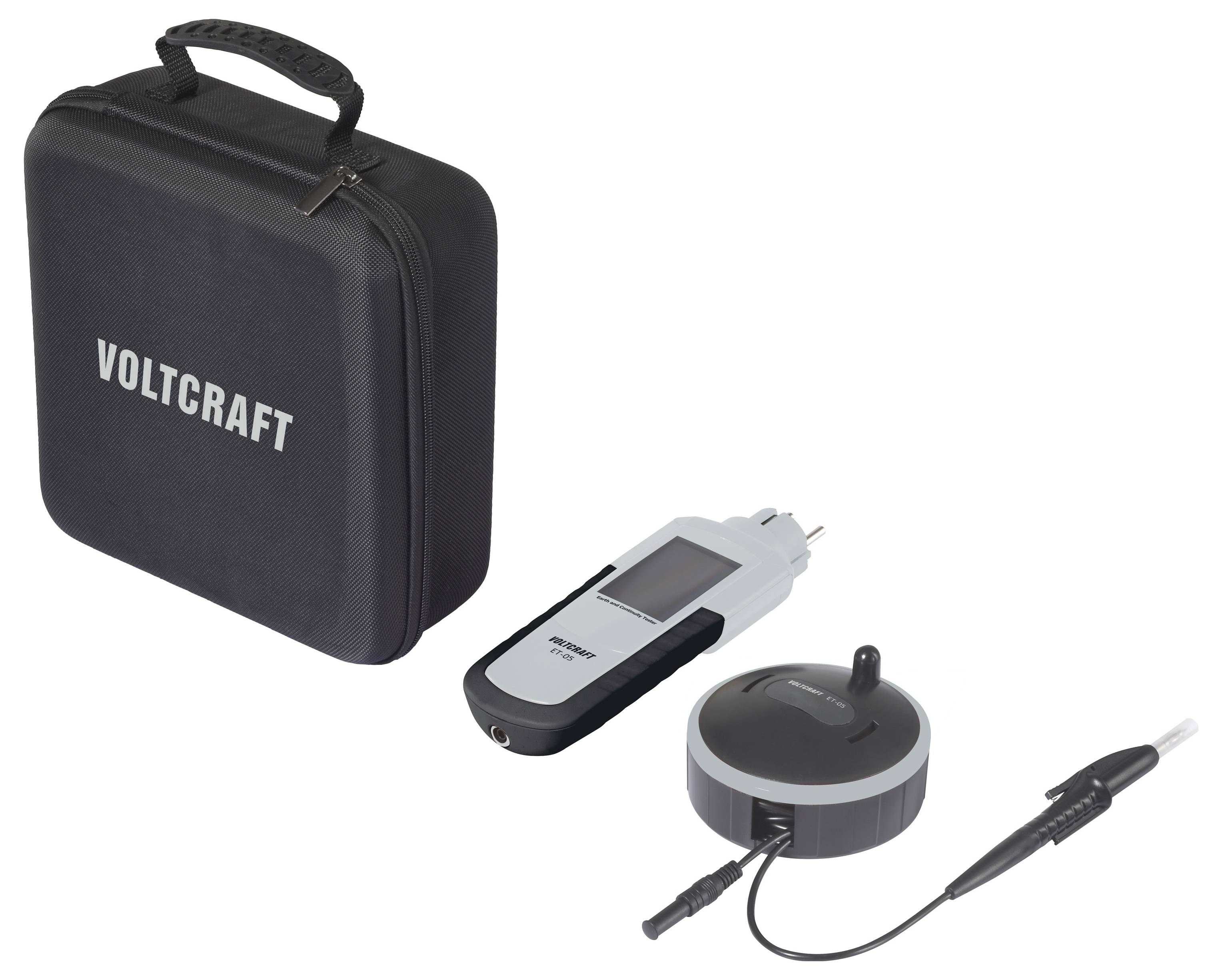 Ein schwarzes Tragetaschenmodell von Voltcraft mit einem digitalen Messinstrument und einer Sensorsonde, die für elektrische Tests und Messungen verwendet wird.