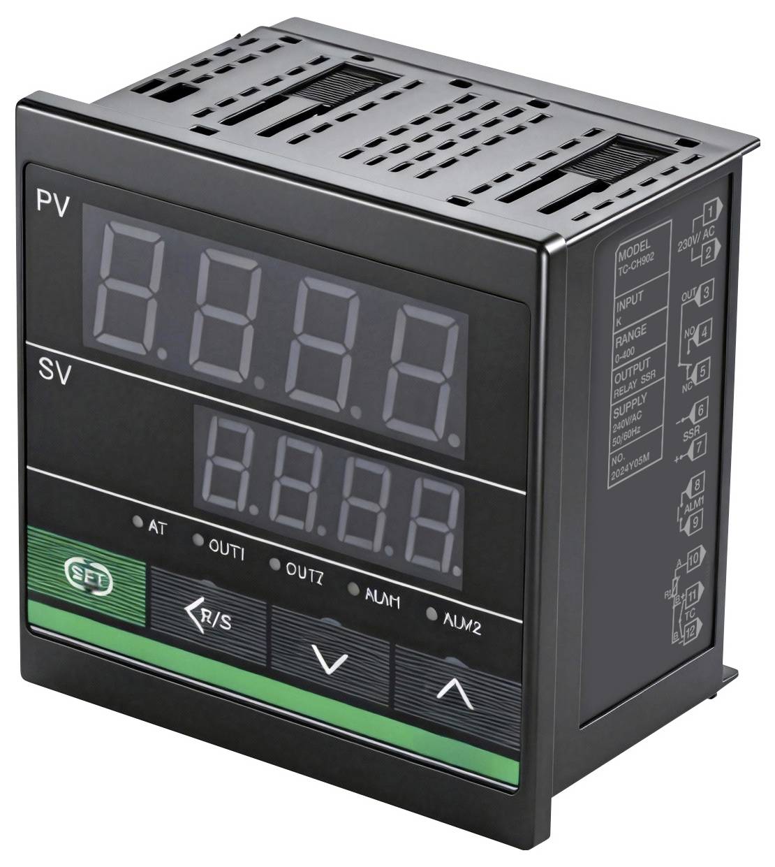 Ein digitaler Temperaturregler mit Anzeigetafeln für „PV" und „SV", mehreren Tasten und einer Schutzvorrichtung oben.
